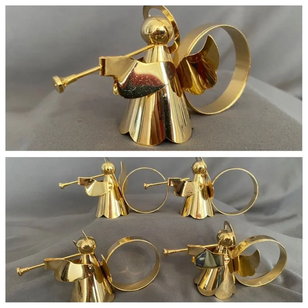 CHRISTMAS ANGEL TRUMPET BRASS GOLD TONE NAPKIN RINGS HOLDERS PLAYING TRUMPET SET